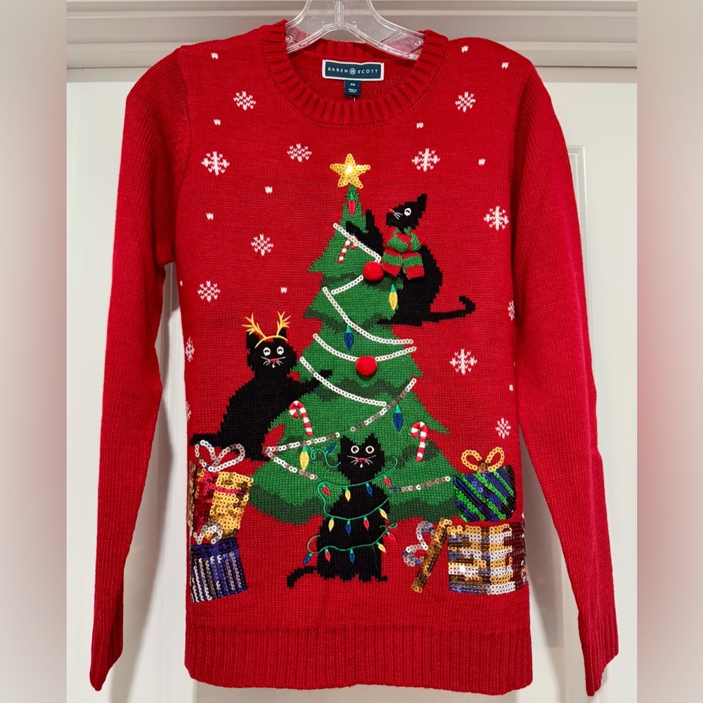 NWT Karen Scott Red Christmas Tree Cat Sweater Size Small‎ Petite